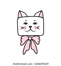 Cat face with bow, girl. Vector Illustration for printing, backgrounds, covers and packaging. Image can be used for greeting cards, posters, stickers and textile. Isolated on white background.