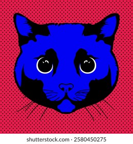 Cat face bright portrait in pop art style. Feline head. Black cat with big eyes. Vector illustration