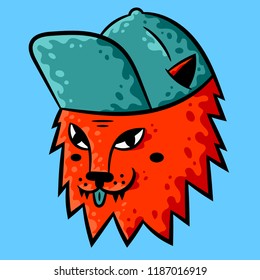 Cat face. Cartoon red cat face with cap on blue background isolated. Stock Vector Illustration. Cartoon style.