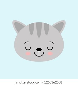 Cat face character. A cute gray kitten Vector illustration for greeting card, invitation.