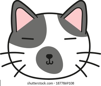 Cat face character. A cute white - grey kitten Vector illustration for greeting card, invitation.