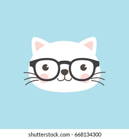 Cat face character. A cute white kitten wearing geek/nerd glasses on sky blue background Vector illustration for greeting card, invitation. 