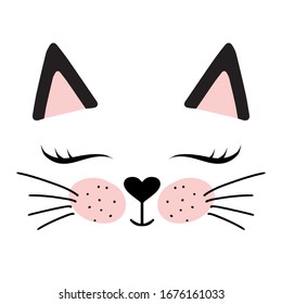 Diseño de caracteres de cara de gato. Tinta blanca para pantalones, portátil, bolso. Ilustración vectorial para tarjeta de felicitación, invitación.