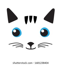 Cat face character design. Cute white kitten print for tshirt, notebook, tote bag. Vector illustration for greeting card, invitation.