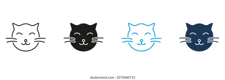 Cat Face with Closed Eyes Line and Silhouette Icon Set. Peaceful Feline Rest Symbol. Calm and Relaxed Pet Expression. Editable Stroke. Isolated Vector Illustration.