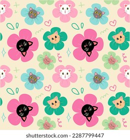 cat face with colorful flowers pattern