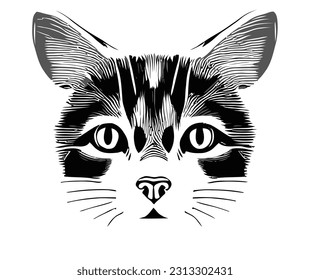 Cara de gato lindo silueta de arte vectorial blanco y negro