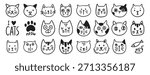 Cat face doodle set, hand drawn cute kitty vector clipart, emoticon, isolated illustration for children card coloring cartoon kawaii. Vector illustration