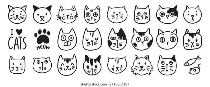 Conjunto de doodle de cara de gato, Clipart de Vector lindo gatito dibujado a mano, emoticono, ilustración aislada para dibujos animados para colorear tarjetas de niños kawaii. Ilustración vectorial