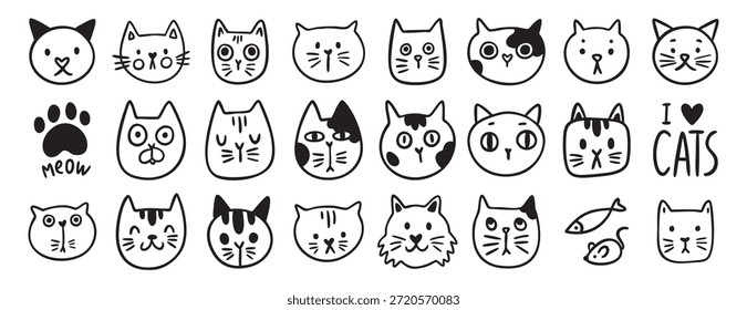 Katzengesicht-Doodle-Set, handgezeichnete niedliche Kätzchen, Vektorgrafik-Clipart, Emoticon, einzelne Illustration für Kinder-Karte Färbung Cartoon Kawaii. Vektorgrafik