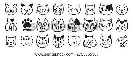 Cat face doodle set, hand drawn cute kitty vector clipart, emoticon, isolated illustration for children card coloring cartoon kawaii. Vector illustration