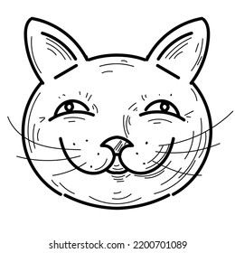 Cat Face Drawing, Which Is Funny Kitten Pet Illustration. Hand Drawn, Caricature, Sketch And Cartoon Style Drawing