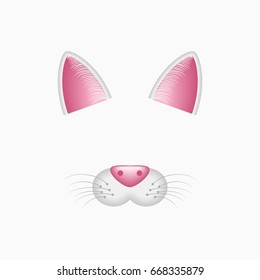 Cat Face Elements - Ears And Nose. Selfie Photo And Video Chat Filter With Cartoon Animals Mask. Vector Illustration.