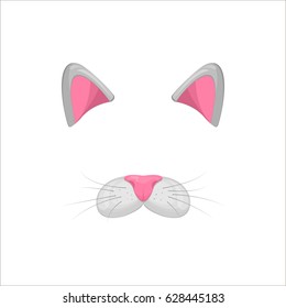 Cat face elements. Vector illustration. Animal character ears and nose. Video chart filter effect for selfie photo decoration. Constructor.Cartoon grey Cat mask. Isolated on white. Easy to edit.