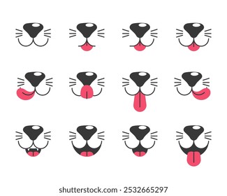 Cat face emotions, cat face with tongue hanging out. Cat mouth emotions, cat face with lick tongue and a funny nose.