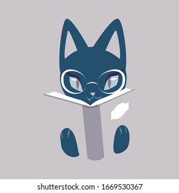 Cat face with eye glass reading a book. Vector illustration for T-shirts print, textile, fabric.