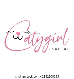  Cat face and "cat girl" slogan. illustration design for fashion graphics, t shirt prints, posters, stickers etc