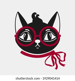 Cat face with glasses and a bow red on the neck  animal.Silhouette black logo isolated in white background.Whisker cute kitten sign.Vector illustration