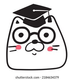 Cat Face With Glasses And Graduation Hat. Outline Vector Illustration On White Background.