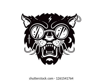 Cat face with glasses. Graphic design vector animal illustration for t-shirt.