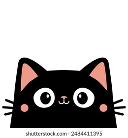 Cat face head with big eyes. Cute cartoon character. Black kawaii kitten animal. Pink ears, cheeks. Baby card. Pet collection. Childish style. Flat design. Sticker print. White background. Vector