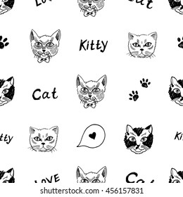 cat face head black and white phrase word hearts love pattern