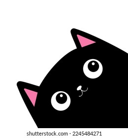 Cat face head in the corner. Black kitten. Cute kawaii baby pet animal. Cartoon character. Pink nose, ears. Notebook cover, tshirt, greeting card print. Flat design. White background. Vector