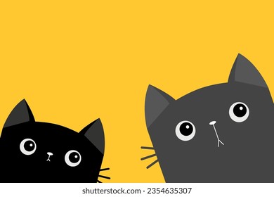 Cat face head in the corner. Black gray kitten. Cute kawaii baby pet animal. Cartoon character. Two friends. Notebook cover, tshirt, greeting card print. Flat design. White background. Vector