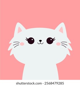 Cat face head. Fluffy white kitten girl. Cute cartoon funny kitty character. Kawaii animal in love. Happy Valentines Day. Love Greeting card . Flat design. Pink background. Vector illustration