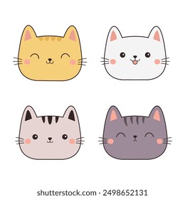 Conjunto de iconos de cabeza de cara de gato. Lindo gatito animal. Línea de contorno doodle. Diferentes emociones, colores. Caricatura kawaii personaje divertido. Impresión de la etiqueta engomada. Estilo infantil. Diseño plano. Vector de fondo blanco