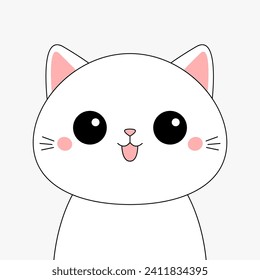 Cat face head line contour silhouette icon. Funny kawaii sad doodle animal. Pink cheeks, tongue, ears. Cute cartoon baby character. Pet collection. Flat design. White background. Vector illustration