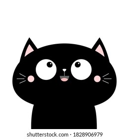 Cat face head looking up. Cute cartoon character icon. Kawaii animal. Black silhouette. Baby card. Big eyes. Flat design. Notebook cover, tshirt, greeting card, sticker print. White background. Vector