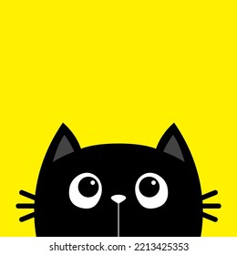 Cat face head looking up. Cute cartoon character. Kawaii animal. Love Greeting card. Black silhouette sticker print. Flat design style. Yellow background. Isolated. Vector illustration
