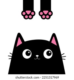 Cabeza de gato mirando hacia arriba. Impresión de la pata del cuerpo colgante. Gatito negro y gracioso. Un animal lindo kawaii. Tarjeta de bebé. Portada para portátiles. Impresión pegatina. Caricatura de mascota. Diseño plano. Fondo blanco. Ilustración del vector