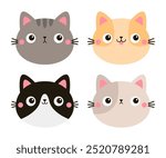 Cat face head round icon set. Different breeds, colors and patterns, emotions. Cute kitten, kitty. Cartoon kawaii funny baby character. Sticker print. Flat design. White background Vector illustration