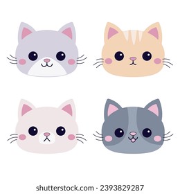 Cat face head round icon set. Different breeds and patterns, emotions, colors. Cute kitten, kitty. Cartoon kawaii funny baby character. Sticker print. Flat design. White background Vector illustration