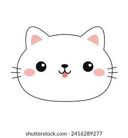 Cat face head round icon. Line contour silhouette. Cute cartoon baby character. Funny kawaii sad doodle animal. Pink tongue, cheeks, ears. Pet collection. Flat design. White background. Vector