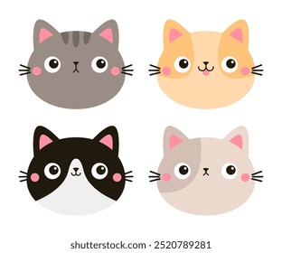 Cat face head round icon set. Different breeds, colors and patterns, emotions. Cute kitten, kitty. Cartoon kawaii funny baby character. Sticker print. Flat design. White background Vector illustration