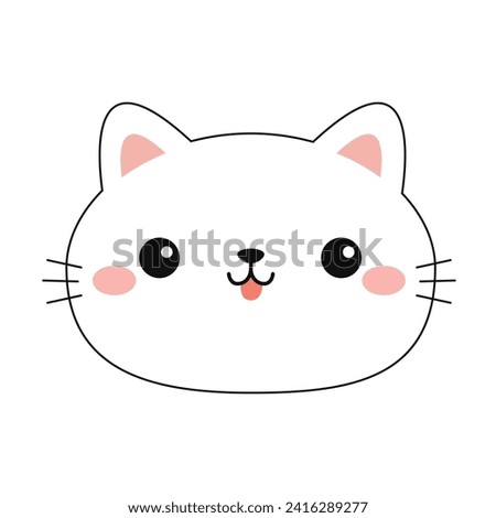 Cat face head round icon. Line contour silhouette. Cute cartoon baby character. Funny kawaii sad doodle animal. Pink tongue, cheeks, ears. Pet collection. Flat design. White background. Vector