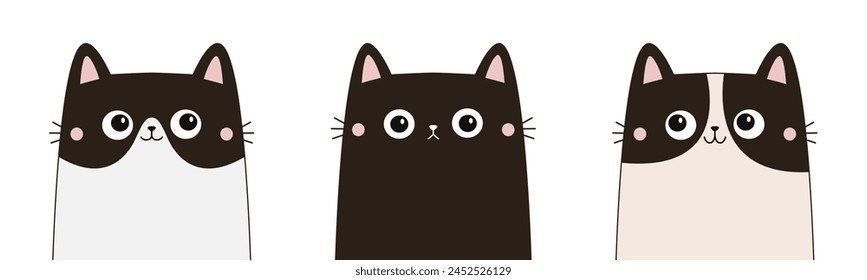 Cat face head set. Kawaii animal. Cute cartoon gray white black kitten contour silhouette. Childish style. Funny baby sad kitty. Happy Valentines Day. Love card. Flat design. White background. Vector