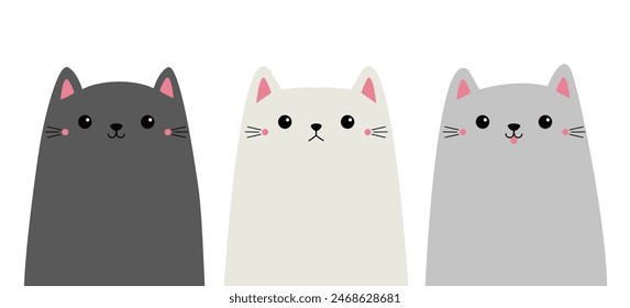 Cat face head set line. Black, gray, white kitten icon. Cute cartoon character. Kawaii animal. Love Greeting card. Silhouette sticker print. Flat design. White background Isolated. Vector illustration