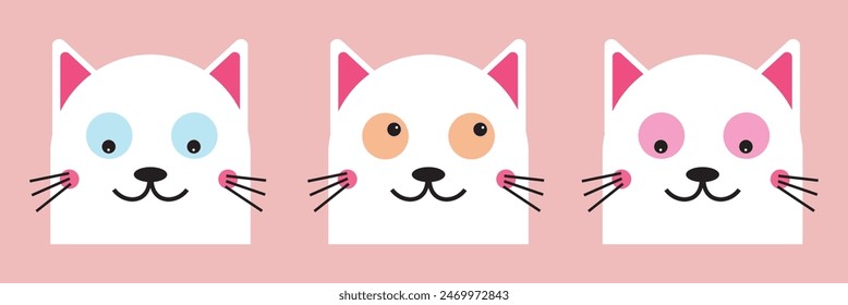 Juego de cabeza de gato. Icono de silueta de contorno de línea. Divertido kawaii sonriendo triste garabato animal eps10