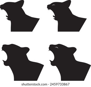 Cat face head side view side profile look up. Mouth open angry meowing screaming hissing yawning fangs eyes closed. Vector illustration on white background. Sticker for the fridge, on a car, on a wall