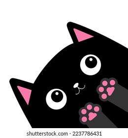 Cat face head silhouette in the corner. Pink paw print. Black kitten. Cute kawaii funny animal. Baby card. Notebook cover. Sticker print. Cartoon pet character. Flat design. White background. Vector