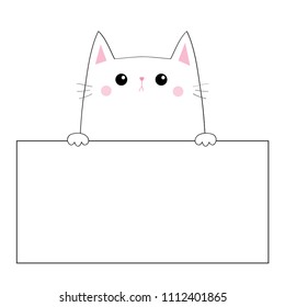 Cat face head silhouette hanging on paper board template. Pink cheeeks. Paw hands. Contour line. Funny baby kitten. Cute cartoon kitty character. Kawaii animal. Flat design White background Vector
