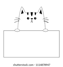 Cat face head silhouette hanging on paper board template. Paw hands. Contour line. Funny baby kitten. Cute cartoon kitty character. Love card. Kawaii animal. Flat design. White background Vector