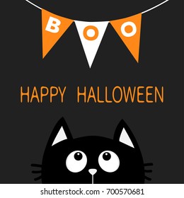 Cat face head silhouette looking up to Bunting flags Boo letters. Flag garland. Happy Halloween card. Party decoration element. Hanging text on rope thread. Flat design. Black background. Vector