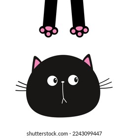 Cat face head silhouette. Pink paw print. Black kitten. Cute kawaii funny animal. Baby card. Notebook cover. Sticker print. Cartoon pet. Flat design. White background. Vector