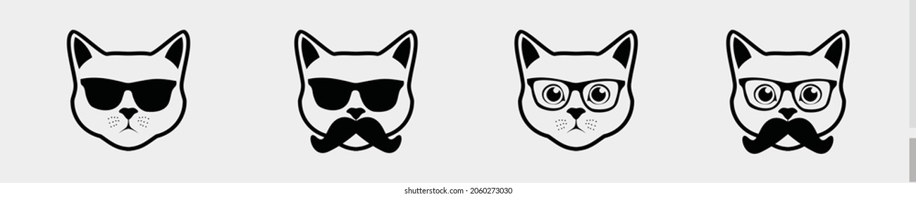 cat face head silhouette set cartoons emoticon icon isolated on white background