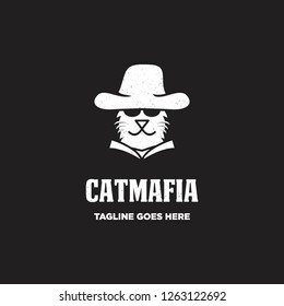 cat face head wear cowboy hat as mafia with grunge rustic effect logo icon vector inspiration